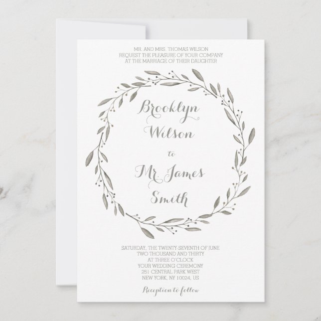 Elegant Wedding Invitation Grey Floral Wreath (Front)