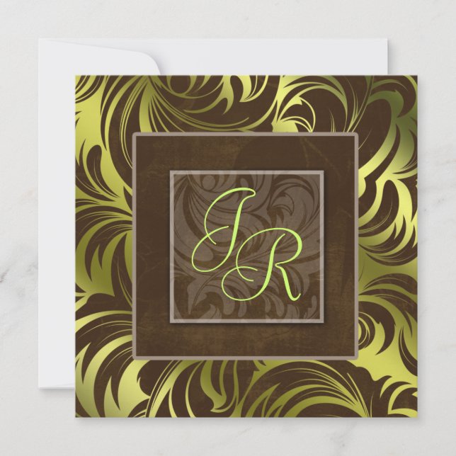 Elegant Wedding Invitation Leaf Floral Lime Brown (Front)