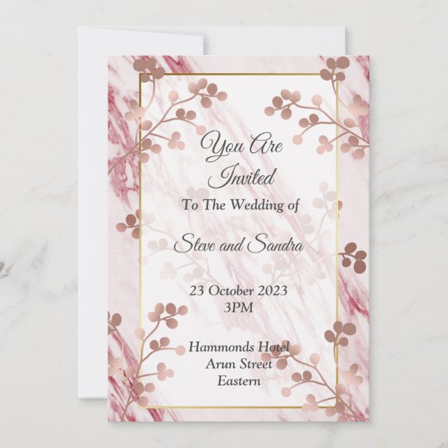 Elegant Wedding Invitation, marbled pink floral Invitation (Front)