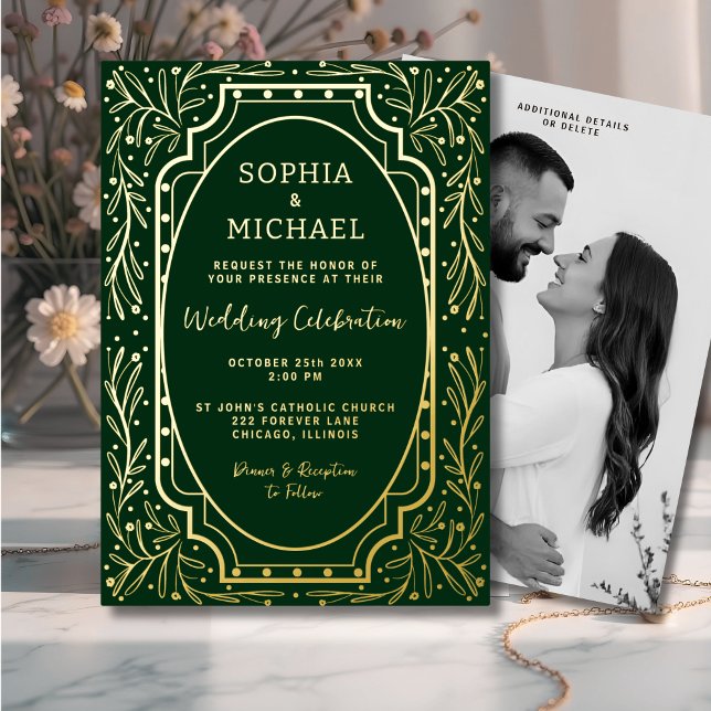 Elegant Wedding Invitation Photo Rich Green Gold (Creator Uploaded)