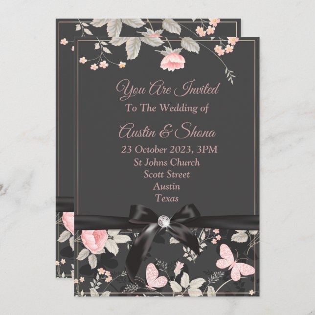 Elegant Wedding Invitation, pink, bow, marble Invitation (Front/Back)