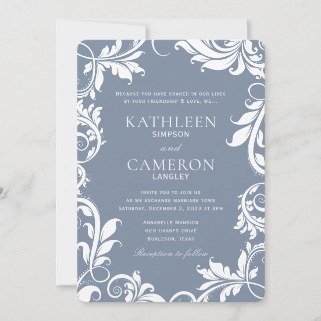 Elegant Wedding Invitation | Vines (Dusty Blue) (Front)