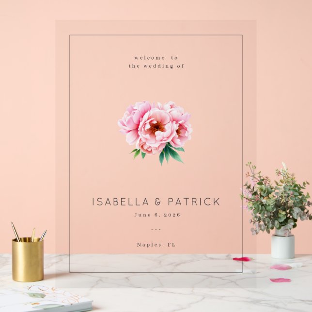 Elegant Wedding Invitation with Floral Design Acrylic Sign (Wedding)