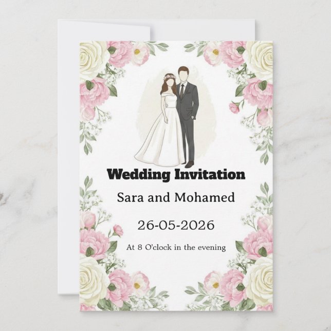  Elegant Wedding Invitation with White Roses & Car (Front)