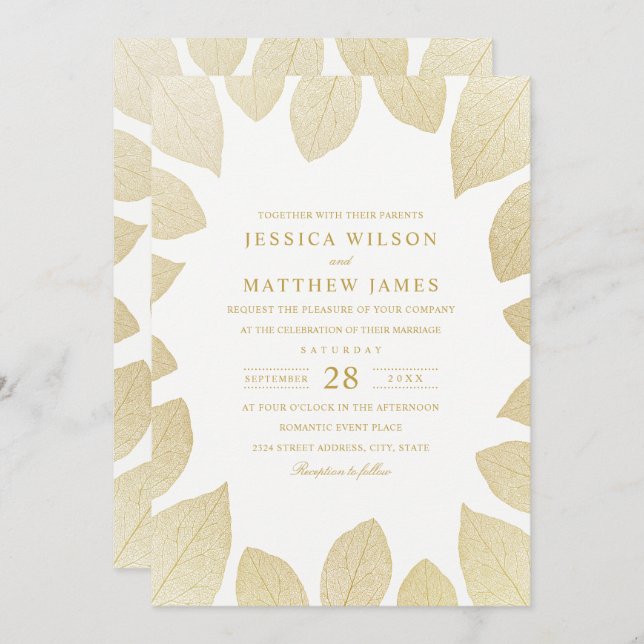 Elegant Wedding Invitations Gold Look Fall Leaves (Front/Back)