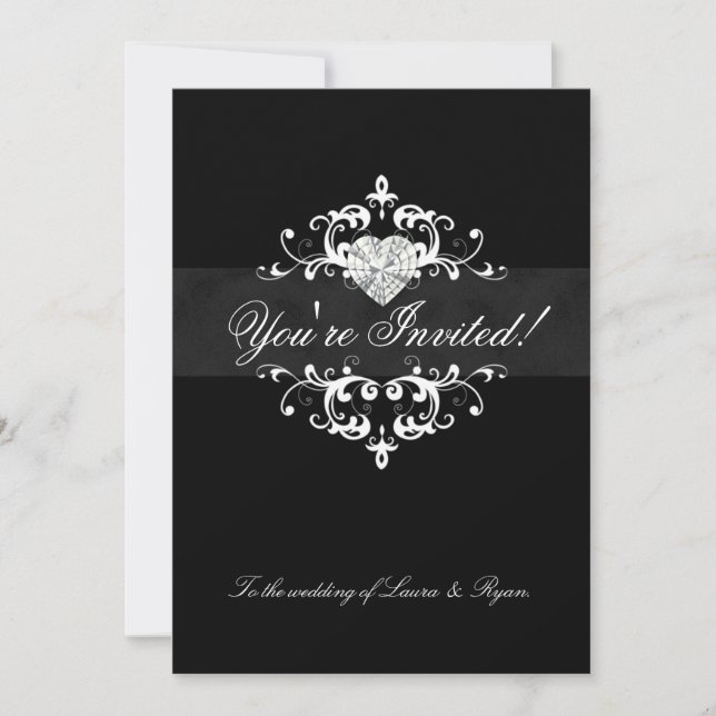 Elegant Wedding Invite Jewel Heart Black White (Front)
