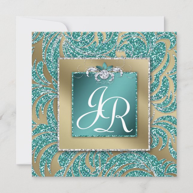 Elegant Wedding Invite Leaf Floral Teal Sparkle (Front)