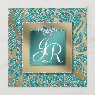 Elegant Wedding Invite Leaf Floral Teal Sparkle