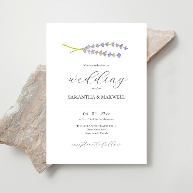 Elegant Wedding Invites Watercolor Lavender (Lavender wedding invitations feature botanical minimalistic watercolor art by Victoria Grigaliunas)