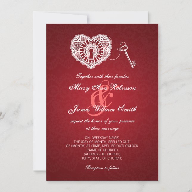 Elegant Wedding Key To My Heart Red Invitation (Front)