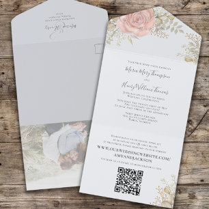 Elegant Wedding Light Blue Floral All In One Invitation