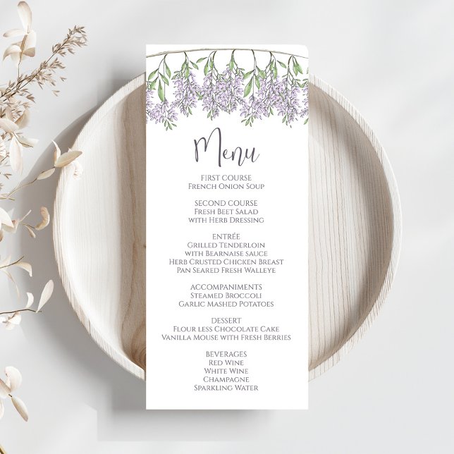 Elegant Wedding Lilac Floral Script Menu (Stylish calligraphy script together with block-style lettering. )