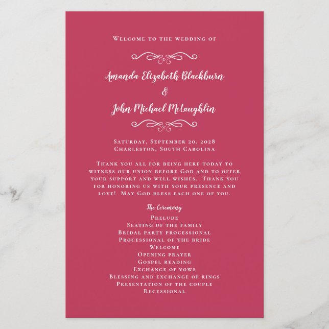 Elegant Wedding Magenta Red Chic Ceremony Programs (Front)