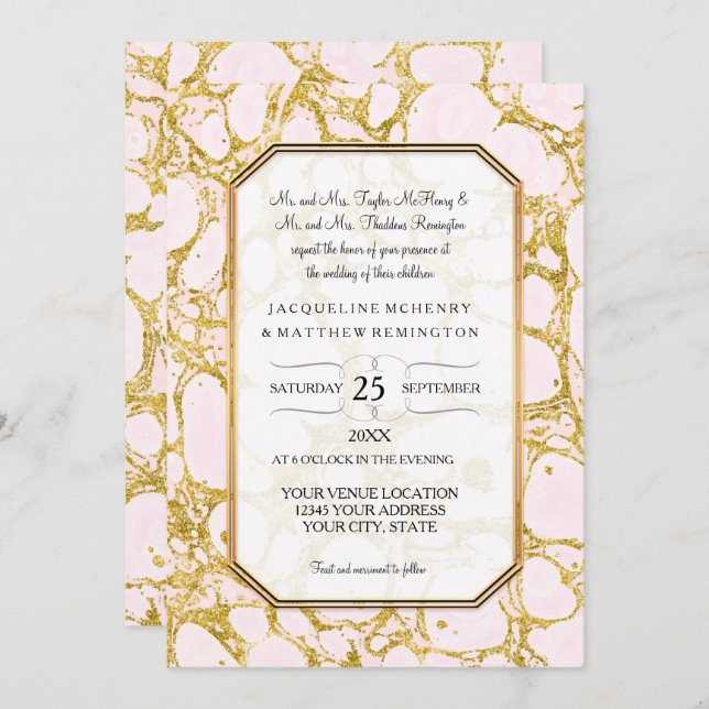 Elegant Wedding Marbled Marble Paper Rose Gold Invitation (Front/Back)