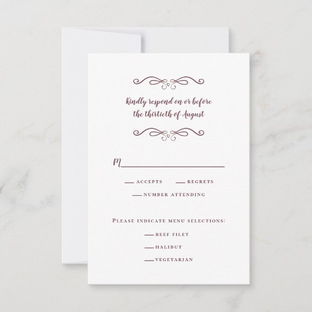Elegant Wedding Meal Classic Burgundy Delicate RSVP Card (Front)
