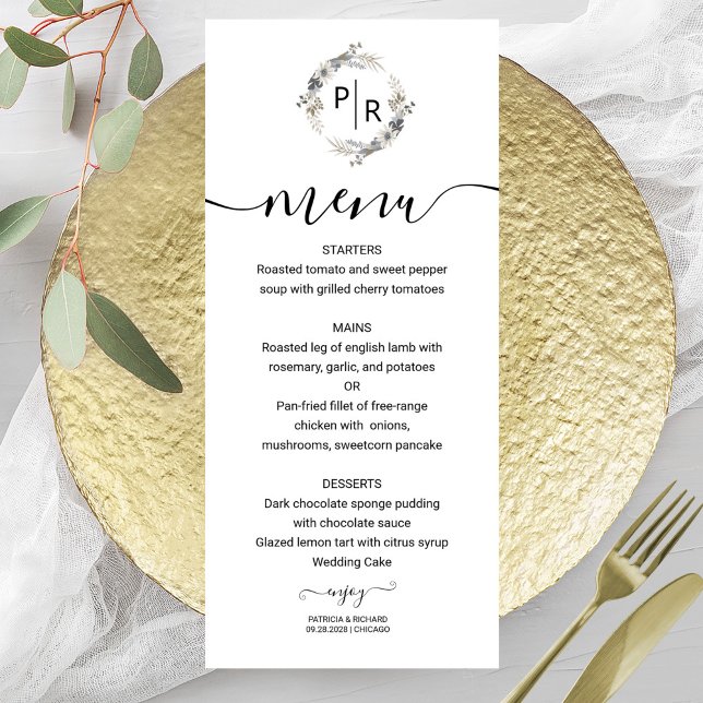 Elegant Wedding Menu Floral Monogram Card (Creator Uploaded)