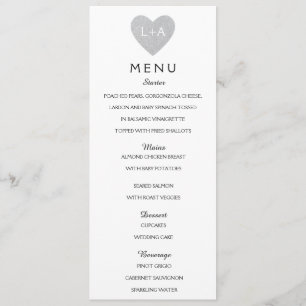 Elegant Wedding Menu silver heart initials