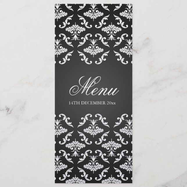Elegant Wedding Menu Vintage Damask Black (Front)
