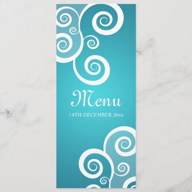 Elegant Wedding Menu White Swirls Blue (Front)
