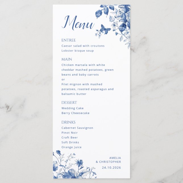 Elegant Wedding menu with delicate blue flowers (Front)