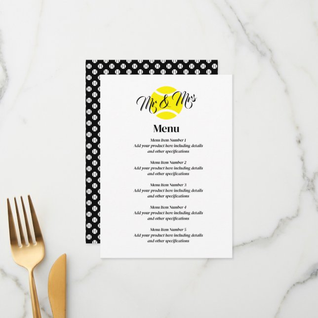 Elegant wedding menu with yello tennis ball logo (Front/Back In Situ)