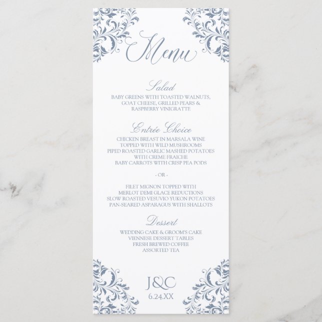 Elegant Wedding Menus | Nadine (Dusty Blue - Grey) (Front)