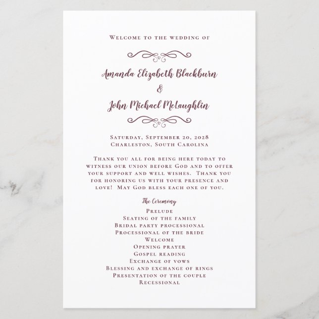 Elegant Wedding Modern Ceremony Burgundy Program (Front)