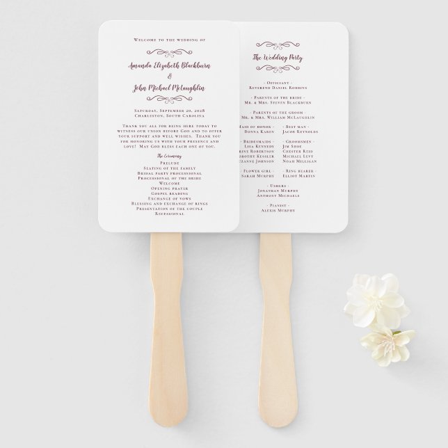 Elegant Wedding Modern Ceremony Program Burgundy Hand Fan (Front and Back)