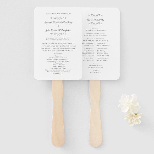 Elegant Wedding Modern Ceremony Program Grey White Hand Fan (Front and Back)
