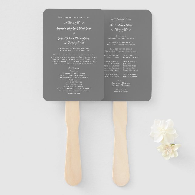 Elegant Wedding Modern Ceremony Program Grey White Hand Fan (Front and Back)