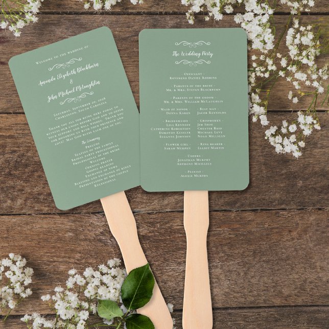 Elegant Wedding Modern Ceremony Program Sage Green Hand Fan (Creator Uploaded)