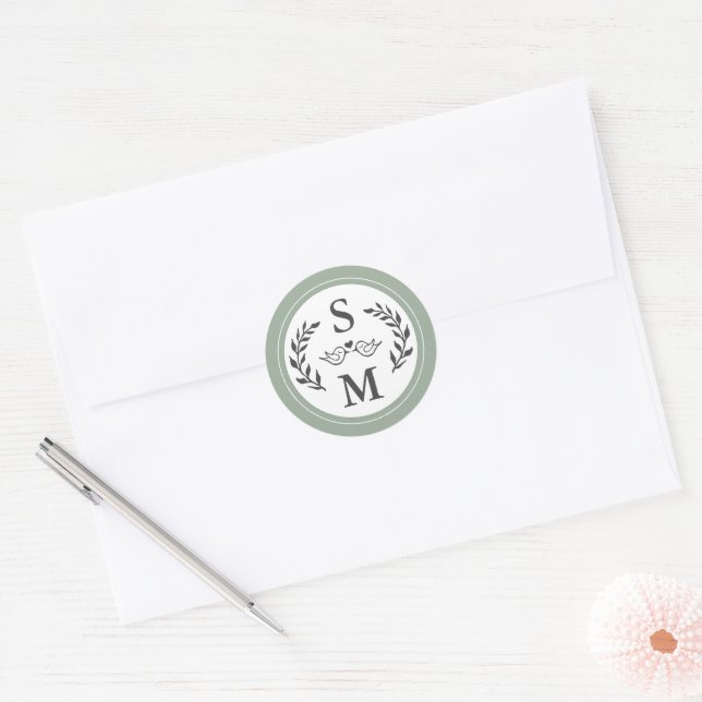 Elegant Wedding Modern Monogram Sage Green Favour Classic Round Sticker (Envelope)