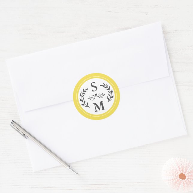 Elegant Wedding Modern Monogram Yellow Grey Favour Classic Round Sticker (Envelope)