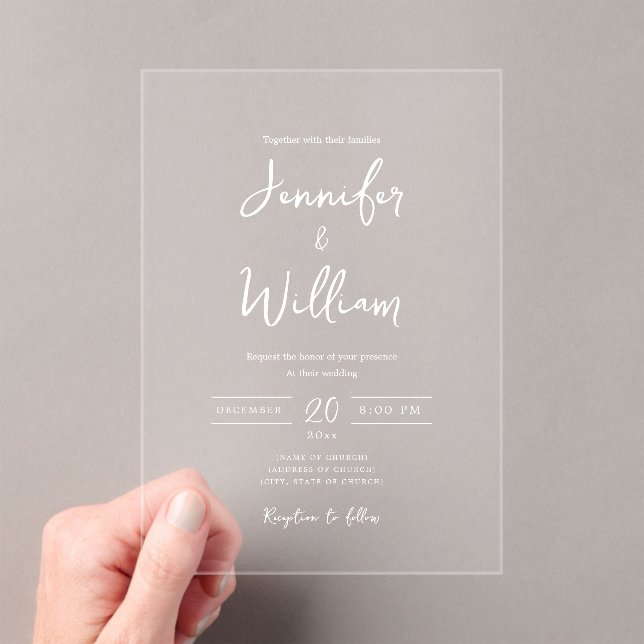 Elegant Wedding Modern Script Typography White Acrylic Invitations (Insitu (Handheld))