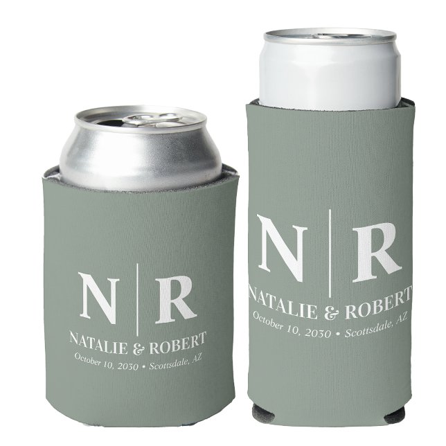 Elegant Wedding Monogram Bride Groom Initials Can Cooler (Creator Uploaded)