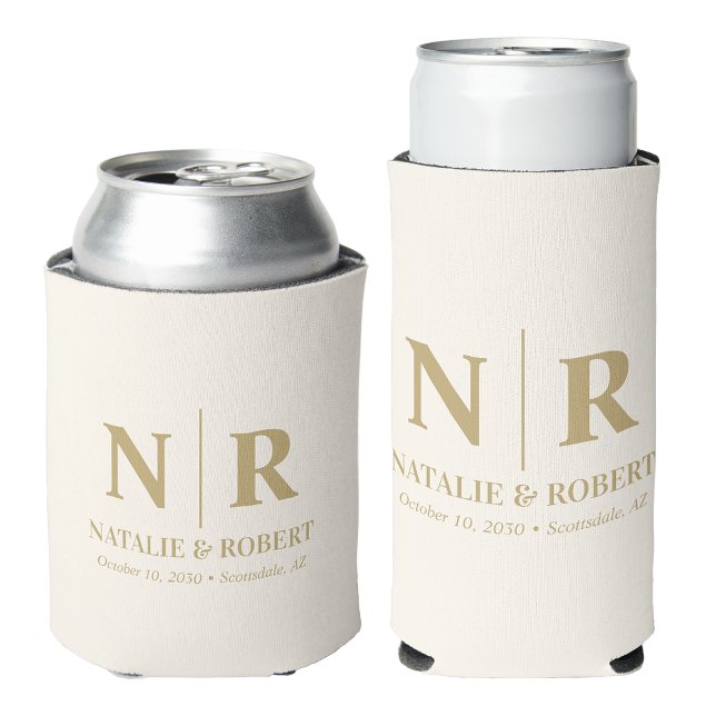 Elegant Wedding Monogram Bride Groom Initials Gold Can Cooler (Creator Uploaded)