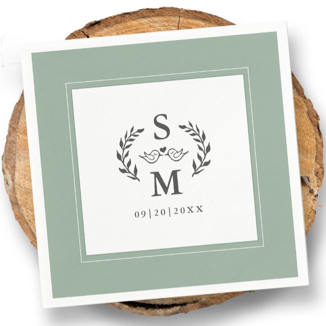 Elegant Wedding Monogram Crest Wreath Sage Green Napkin (Elegant Wedding Monogram Crest Wreath Sage Green Napkins)