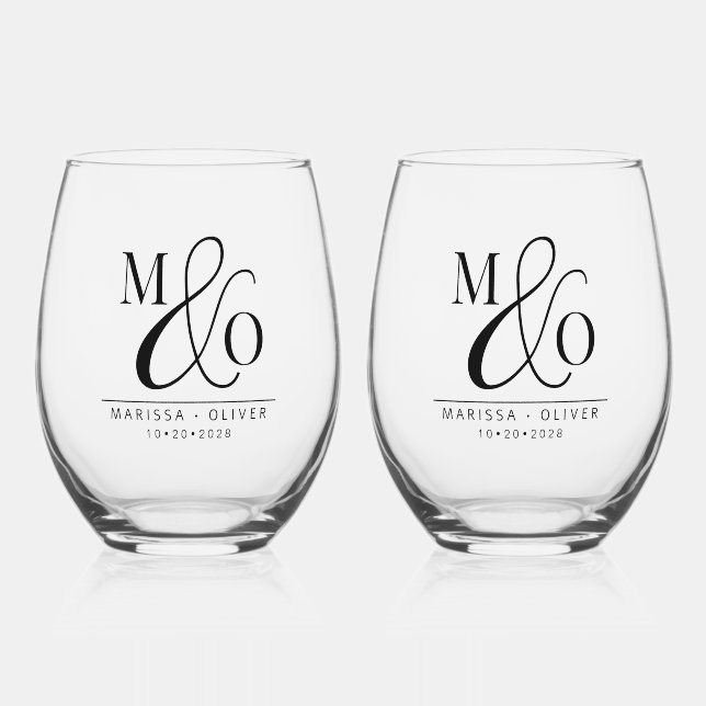 Elegant Wedding Monogram Drinkware Set Stemless Wine Glass (Front)