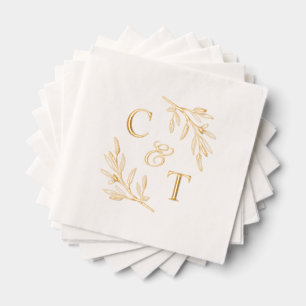 Elegant Wedding Monogram Greenery Leaves Foil Napkins