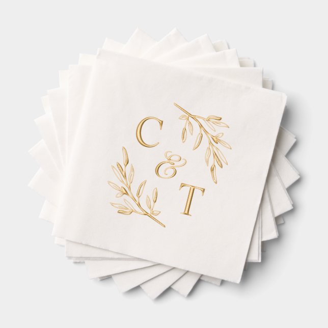 Elegant Wedding Monogram Greenery Leaves Foil Napkins (Insitu (Stacked))