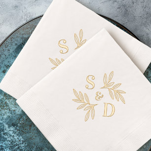 Elegant wedding monogram greenery leaves foil napkins