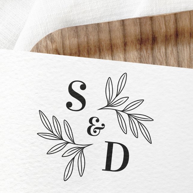 Elegant wedding monogram greenery leaves rubber stamp (Creator Uploaded)