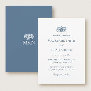 Elegant Wedding Monogram Invitation Ornate Blue