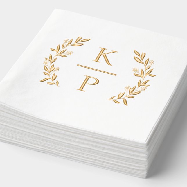 Elegant Wedding Monogram Laurel Branch Greenery Foil Napkins (Detail)