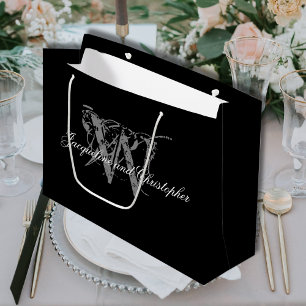 Elegant Wedding, Monogram, Names, Black & White Large Gift Bag