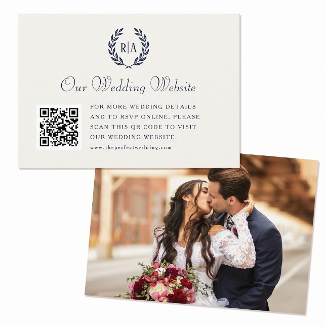Elegant Wedding Monogram QR Code Navy Cream Enclosure Card (Creator Uploaded)