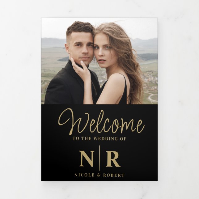 Elegant Wedding Monogram Tri-Fold Wedding Program Holiday Card (Cover)