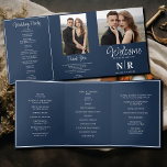 Elegant Wedding Monogram Tri-Fold Wedding Program Holiday Card<br><div class="desc">Step into sophistication and organisation with our Navy Blue And White Elegant Wedding Monogram Tri-Fold Wedding Program, a perfect blend of style and functionality for your special day. Crafted with meticulous attention to detail, this tri-fold wedding program is a masterpiece of elegance and practicality. The classic combination of navy blue...</div>