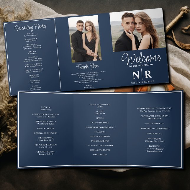 Elegant Wedding Monogram Tri-Fold Wedding Program Holiday Card (Creator Uploaded)