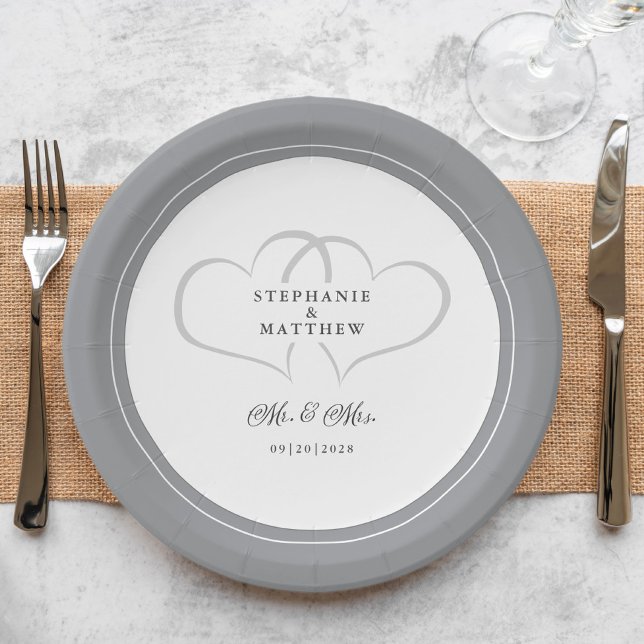 Elegant Wedding Mr & Mrs Grey White Hearts Fancy Paper Plate (Elegant Wedding Mr & Mrs Gray White Hearts Fancy Paper Plates)